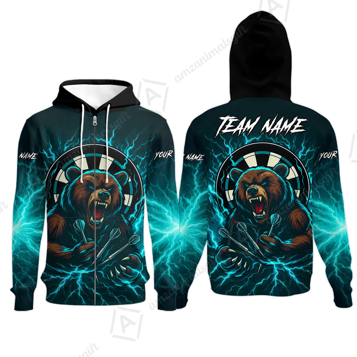 Custom Darts Team Long Sleeve Polo Shirt, Personalized Bear Thunder Lightning Darts Shirt with Name & Team Name
