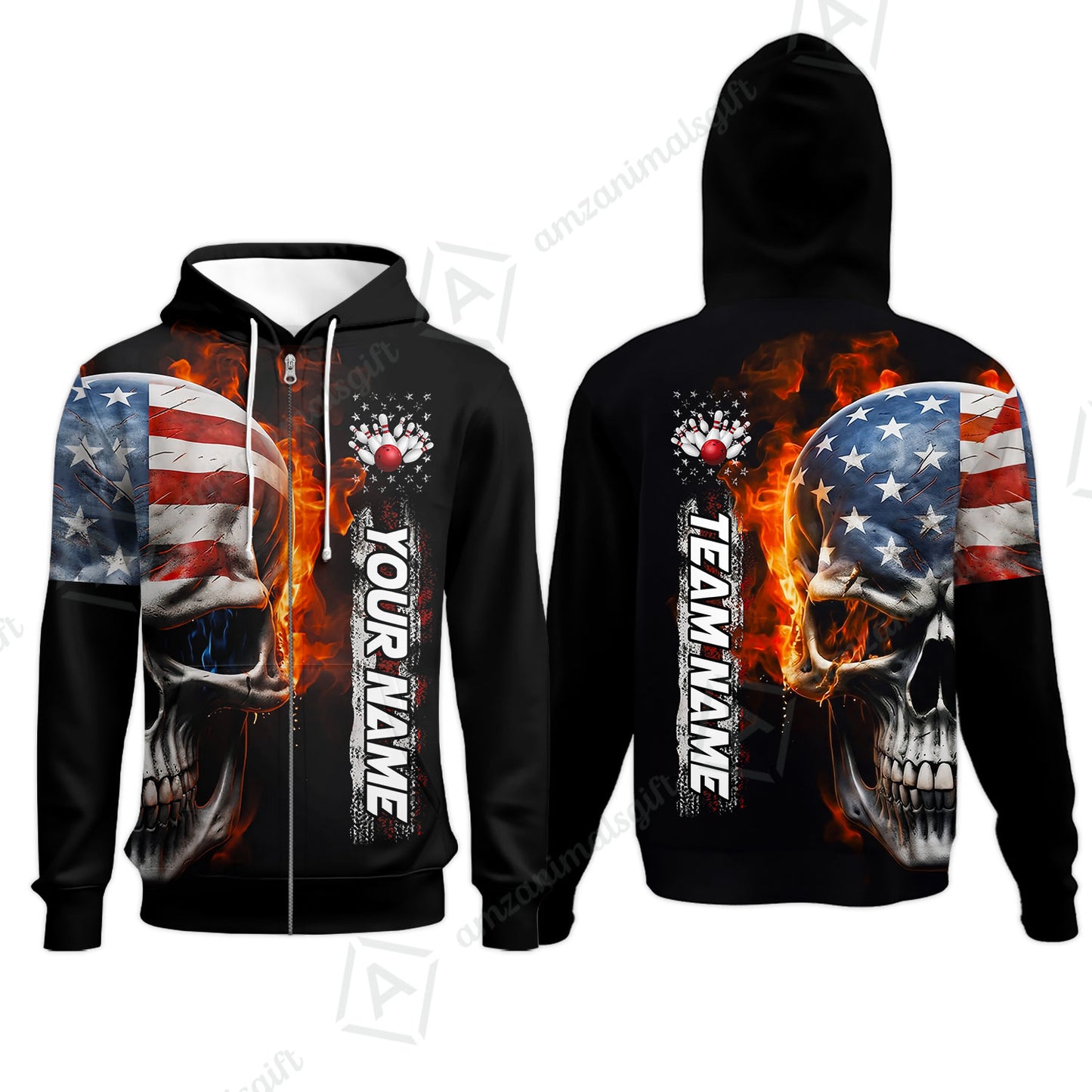 Custom Flaming USA Flag Bowling Jersey Polo Shirt, Custom Flaming USA Flag Bowling Jersey Team Shirt For Players With Name & Team Name