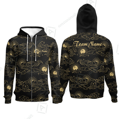 Custom Bowling Jersey Polo Shirt, Black Gold Celestial Bowling, Custom Bowling Jersey Team Shirt For Players With Name & Team Name