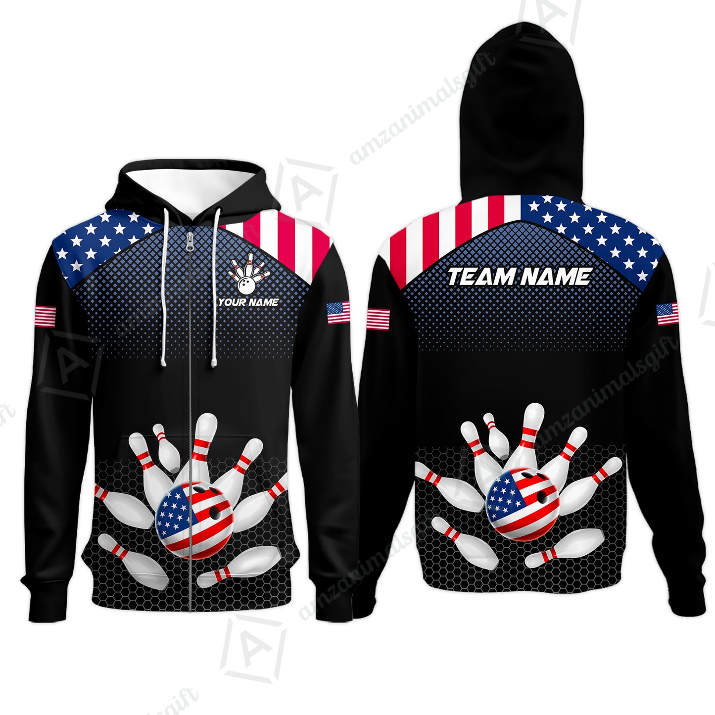 Custom Bowling Jersey Polo Shirt, Patriotic USA Flag Stars Stripes Tech Hexagon Pattern, Custom Bowling Jersey Team Shirt For Players With Name & Team Name