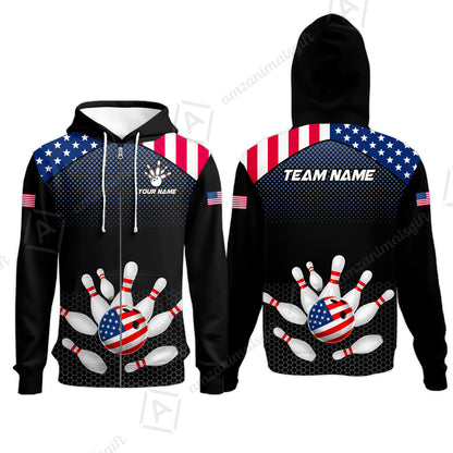Custom Bowling Jersey Polo Shirt, Patriotic USA Flag Stars Stripes Tech Hexagon Pattern, Custom Bowling Jersey Team Shirt For Players With Name & Team Name