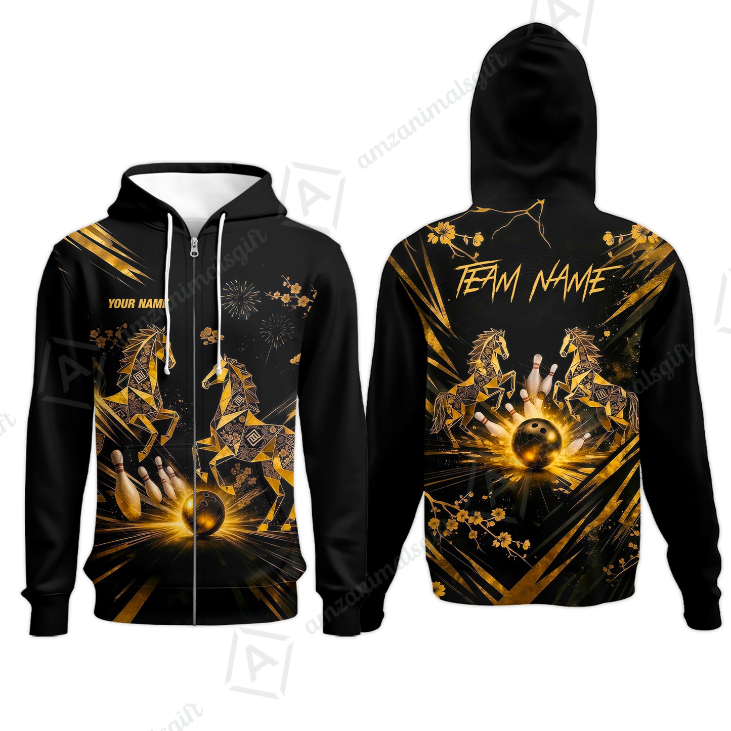 Custom Bowling Jersey Polo Shirt, Black Gold Horse, Custom Bowling Jersey Team Shirt For Players With Name & Team Name