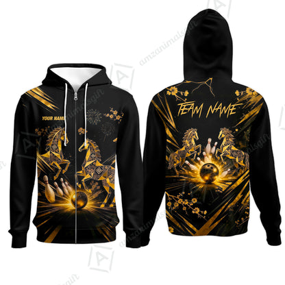 Custom Bowling Jersey Polo Shirt, Black Gold Horse, Custom Bowling Jersey Team Shirt For Players With Name & Team Name