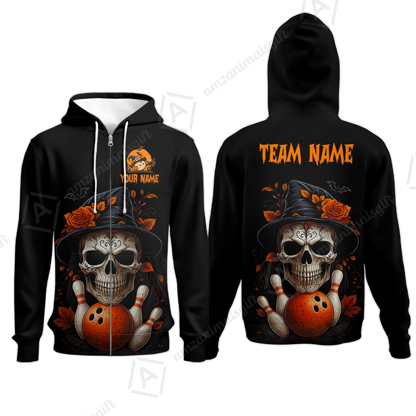 Customized Bowling Shirt, Halloween Skull Witch, Personalized Polo Shirt For Players With Name & Team Name