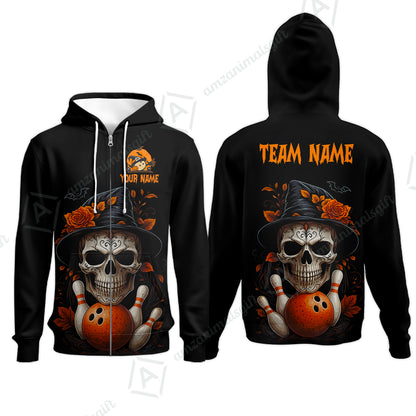 Customized Bowling Shirt, Halloween Skull Witch, Personalized Polo Shirt For Players With Name & Team Name