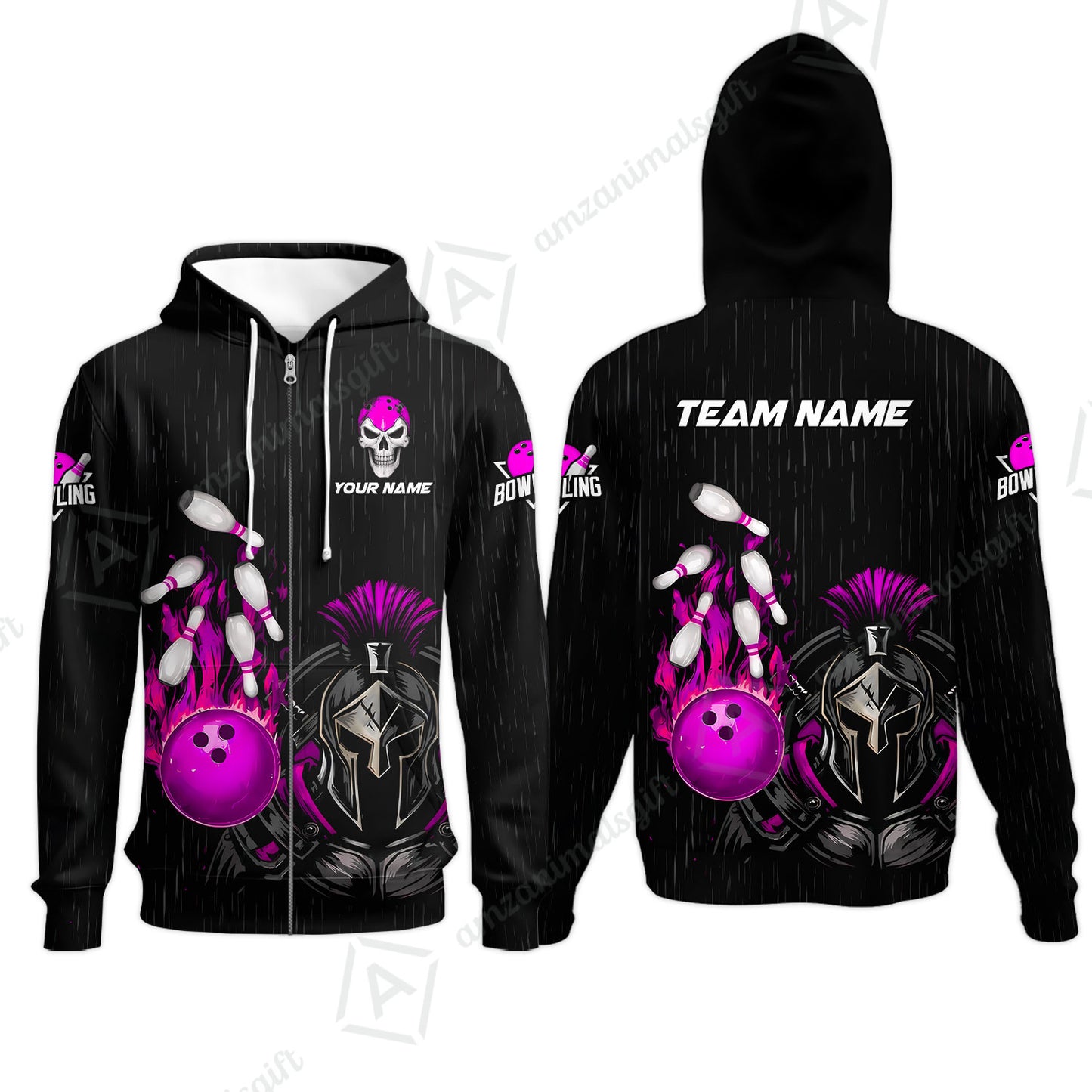 Custom Bowling Jersey Polo Shirt, Fire Bowling Knight Rain Skull Logo, Personalize Name & Team Name