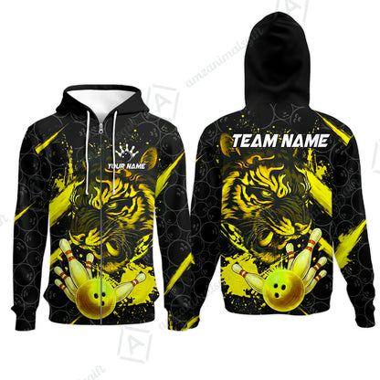 Customized Bowling Unisex Polo Shirt, Tiger Ball Striking Pins, Bowling Uniforms, Personalized Name And Team Name