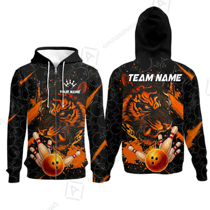 Customized Bowling Unisex Polo Shirt, Tiger Ball Striking Pins, Bowling Uniforms, Personalized Name And Team Name