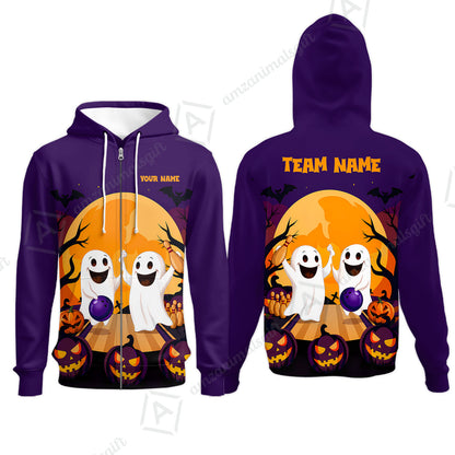 Custom Bowling Jersey Polo Shirt, Bowling Ghost Pumpkin Halloween, Personalized Name And Team Name