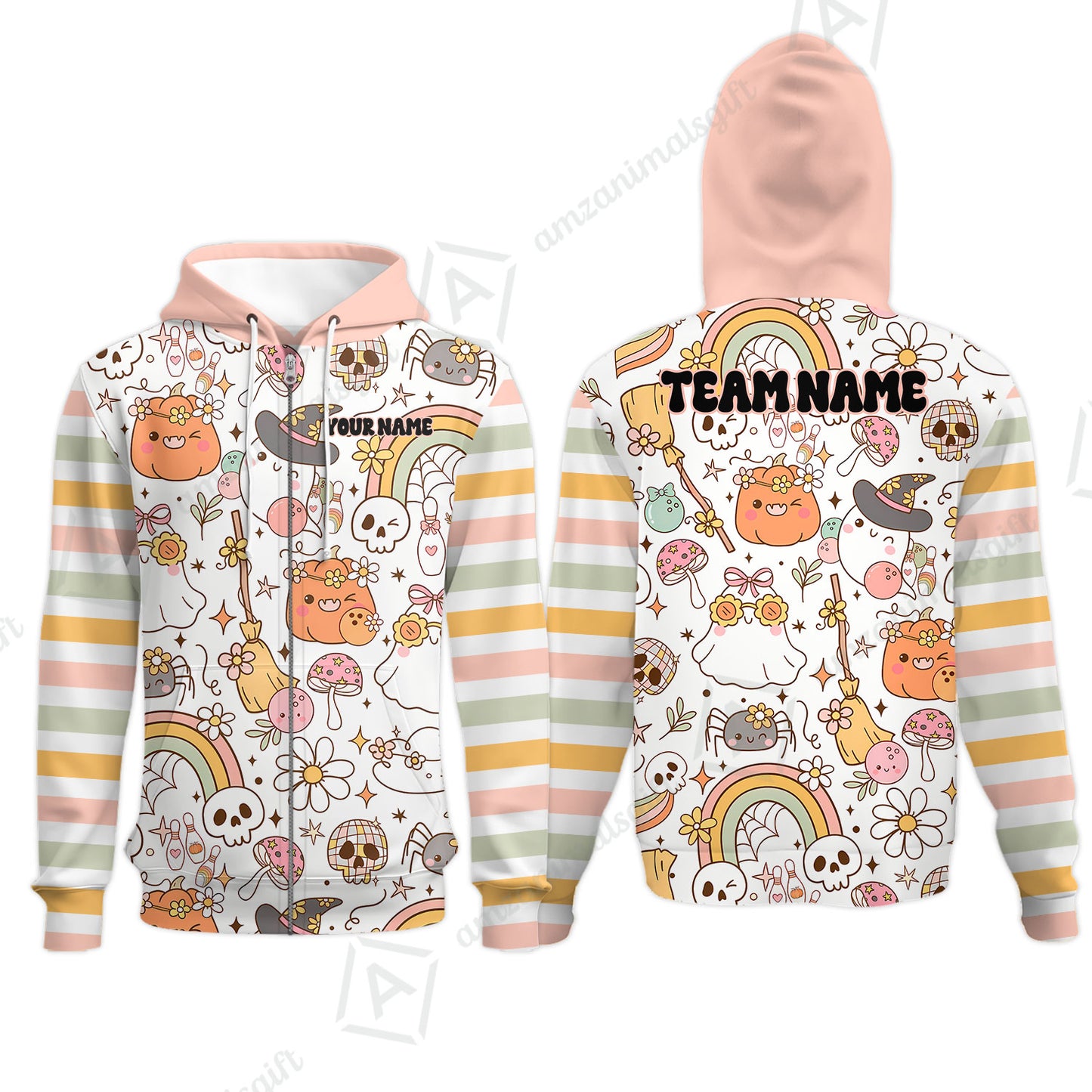 Customized Bowling Shirt, Mushroom Ghost Cute Rainbow Halloween Pattern Bowling, Personalized Polo Shirt For Players With Name & Team Name