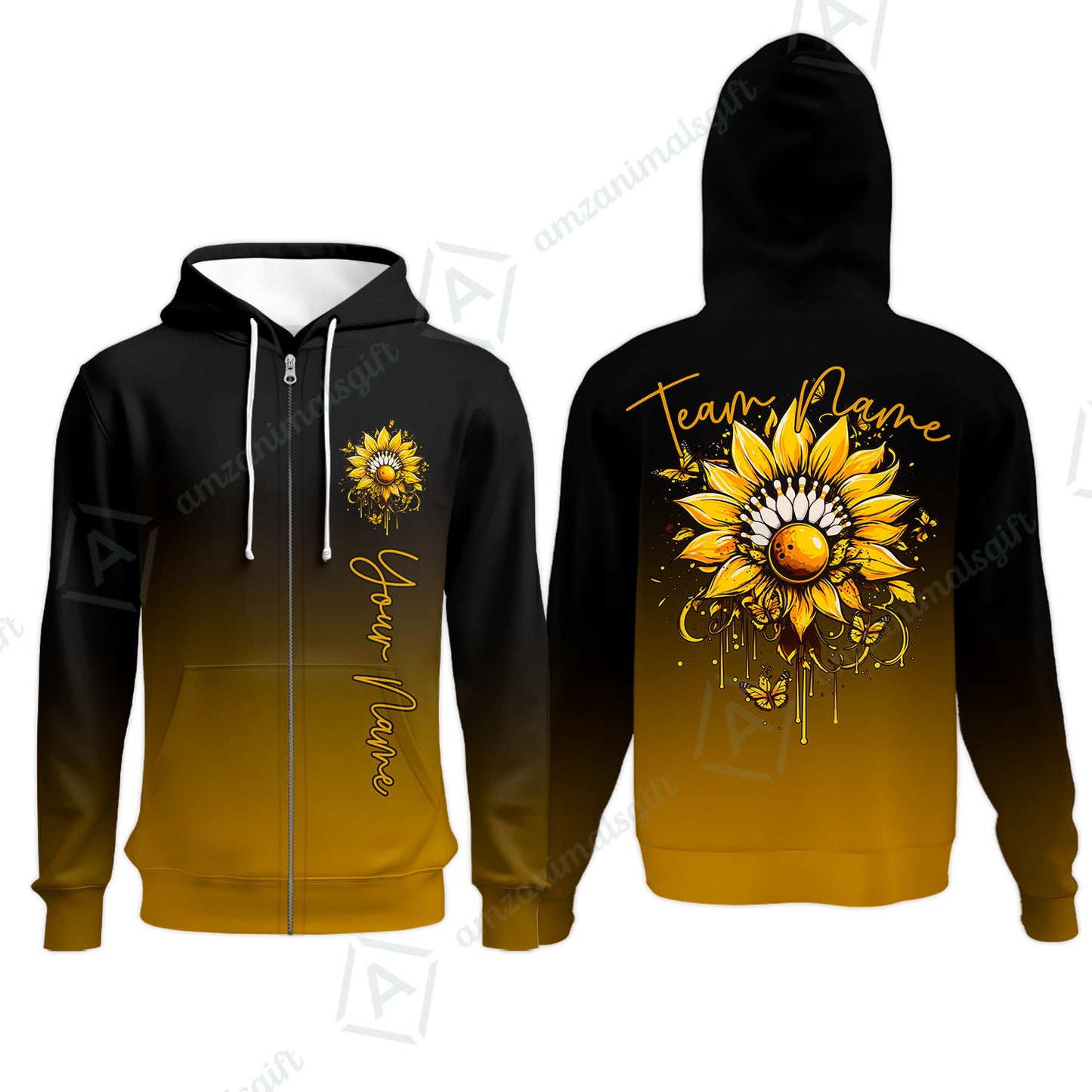 Custom Bowling Jersey Polo Shirt, Sunflower Bowling Pin Gradient Background, Custom Bowling Jersey Team Shirt For Players With Name and Team Name