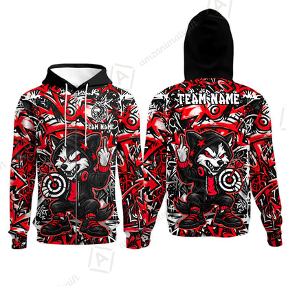 Customized Darts Team Uniform Shirt, Cool Cartoon Wolf With Dartboard, Personalized Name And Team Name