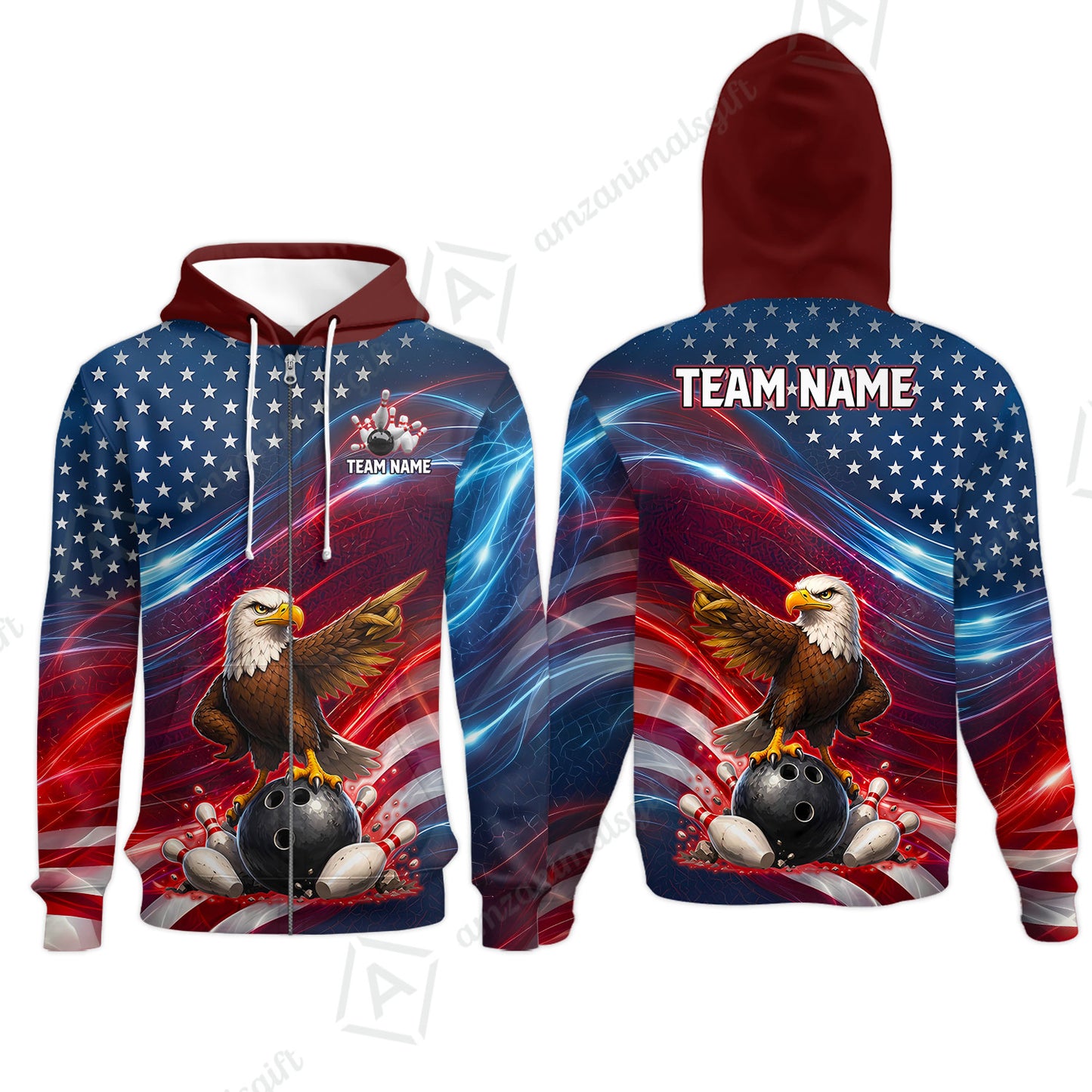 Custom Bowling Jersey Polo Shirt, Eagle Bowling Flag America Thunder Wave, Custom Bowling Jersey Team Shirt For Players With Name and Team Name