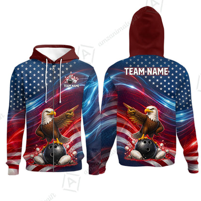 Custom Bowling Jersey Polo Shirt, Eagle Bowling Flag America Thunder Wave, Custom Bowling Jersey Team Shirt For Players With Name and Team Name