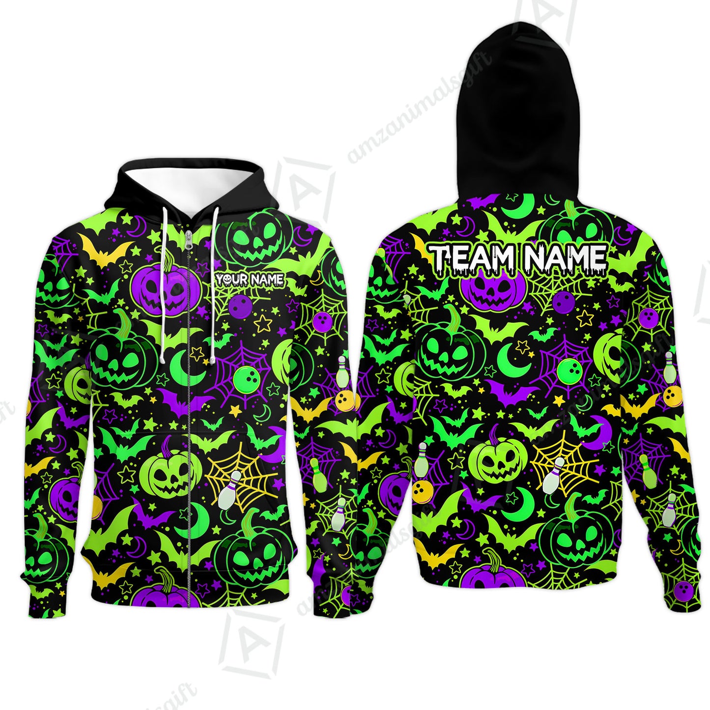 Customized Bowling Shirt, Neon Halloween Pattern Bowling And Pin Pumpkins Spider Bat, Personalized Polo Shirt For Players With Name & Team Name