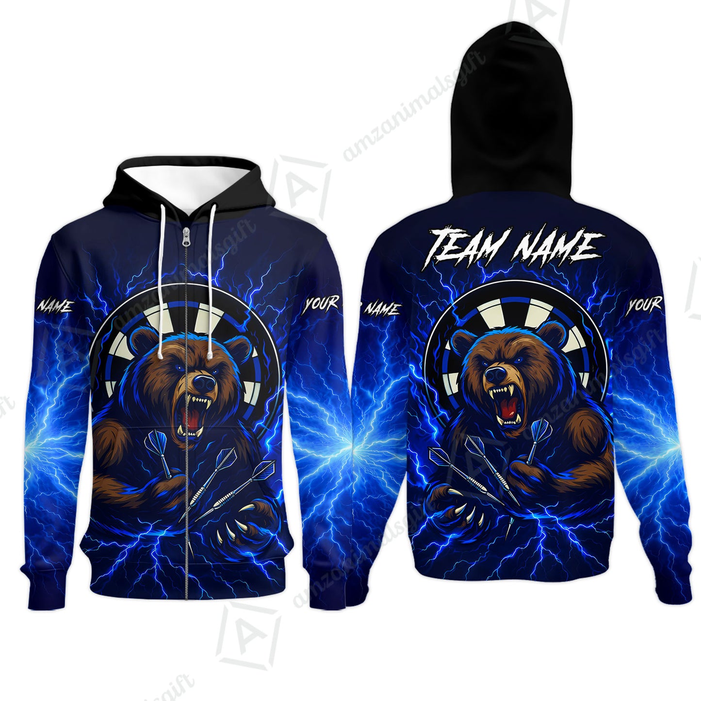 Custom Darts Team Long Sleeve Polo Shirt, Personalized Bear Thunder Lightning Darts Shirt with Name & Team Name