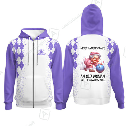 Custom Bowling Jersey Polo Shirt, Never Underestimate An Old Woman With A Bowling Ball, Personalized Name & Team Name