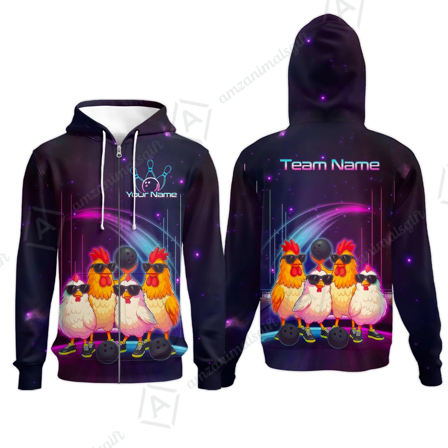 Custom Bowling Jersey Polo Shirt, Funny Cool Chickens Neon Cosmic, Custom Bowling Jersey Team Shirt For Players With Name & Team Name