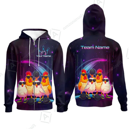 Custom Bowling Jersey Polo Shirt, Funny Cool Chickens Neon Cosmic, Custom Bowling Jersey Team Shirt For Players With Name & Team Name