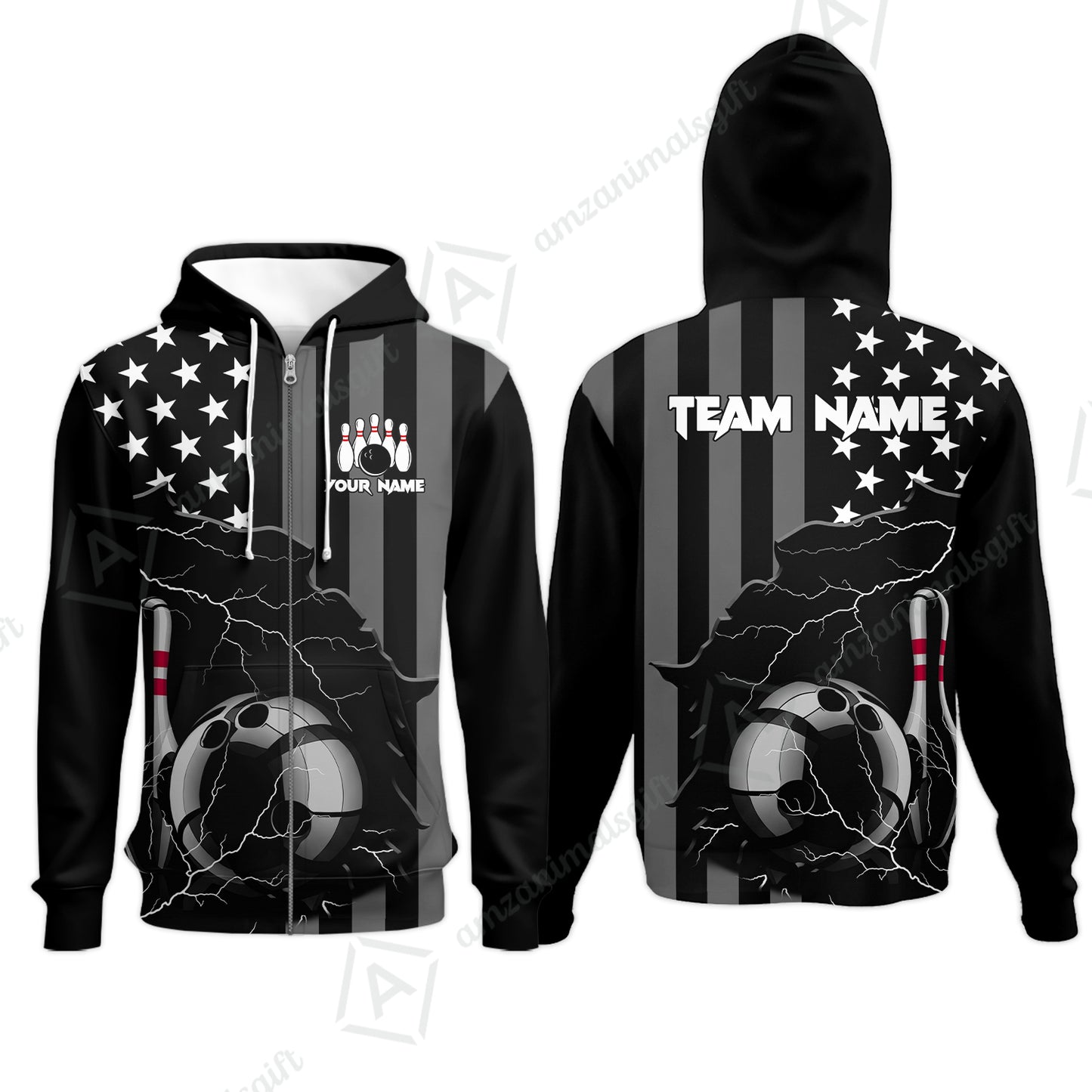 Custom Bowling Jersey Polo Shirt, Monochrome Lightning Flag Storm, Custom Bowling Jersey Team Shirt For Players With Name and Team Name