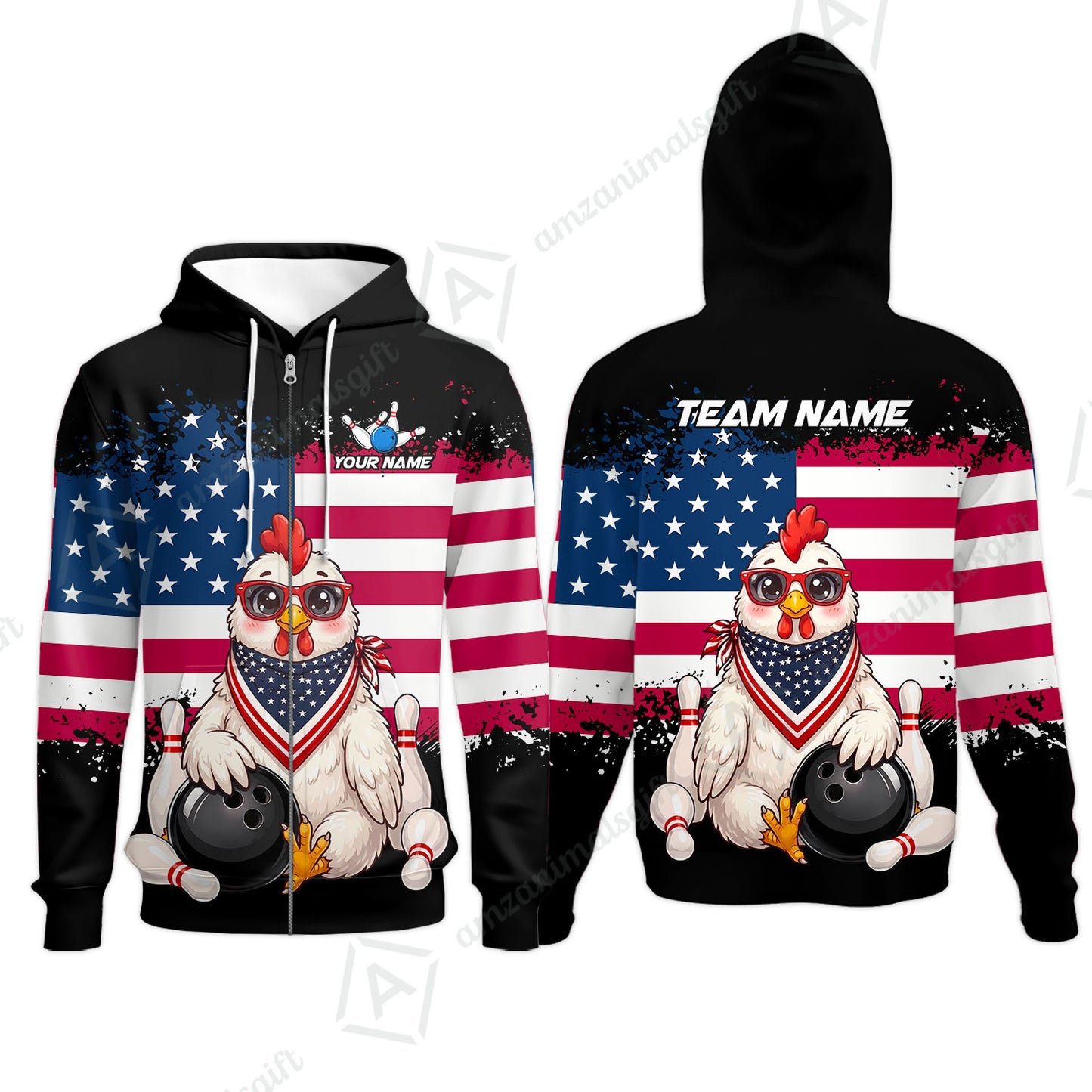 Custom Bowling Jersey Polo Shirt, Animal With Glasses And Bandana America Flag, Personalize Name & Team Name