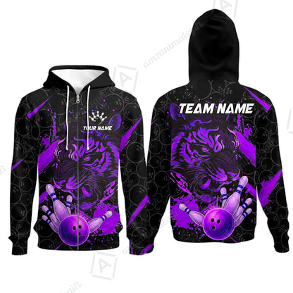 Customized Bowling Unisex Polo Shirt, Tiger Ball Striking Pins, Bowling Uniforms, Personalized Name And Team Name