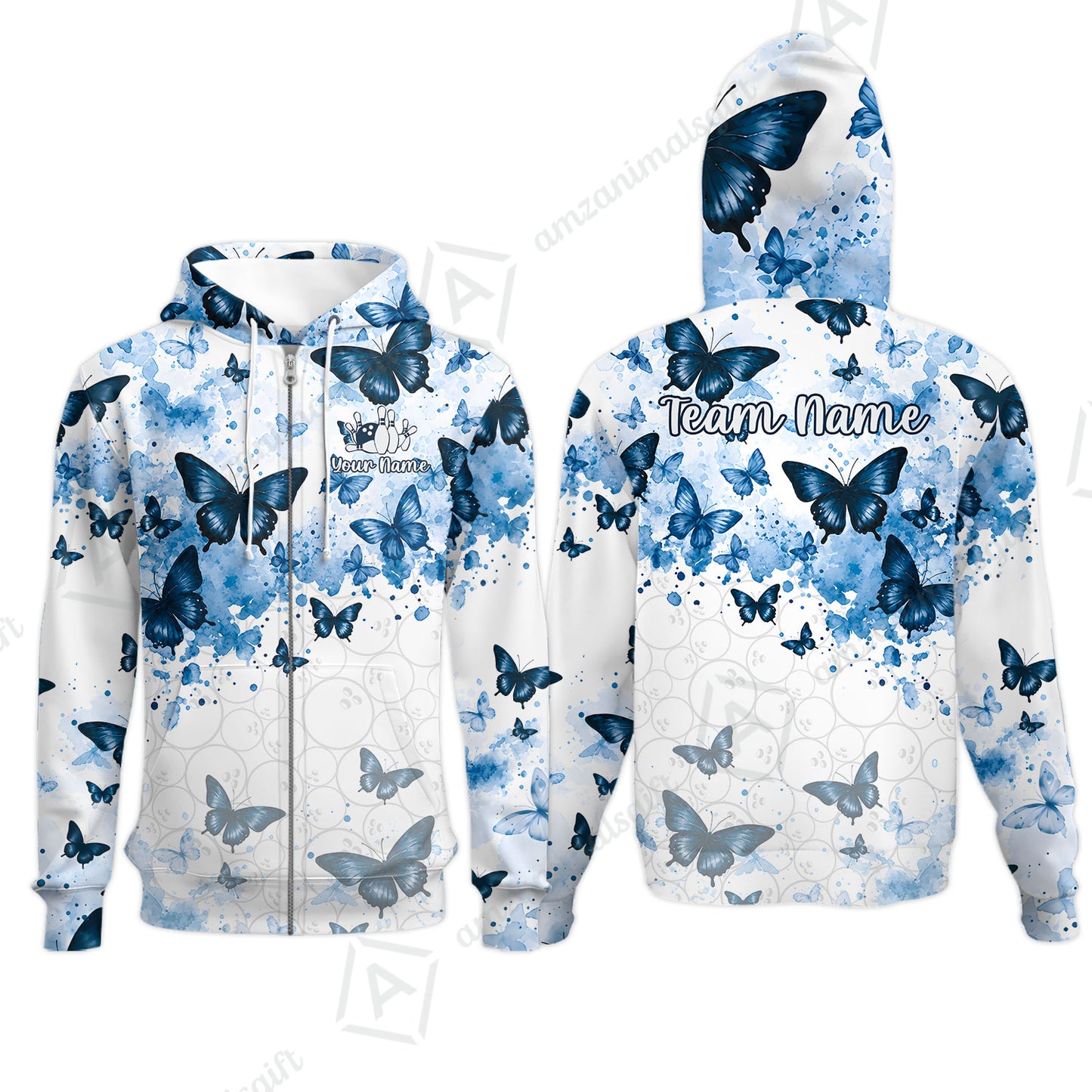 Custom Bowling Jersey Polo Shirt, Blue Watercolor Butterfly Bloom, Custom Bowling Jersey Team Shirt For Players With Name and Team Name