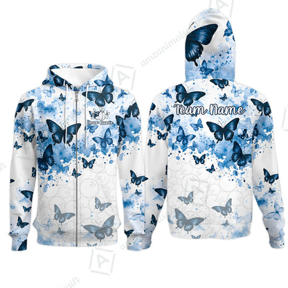 Custom Bowling Jersey Polo Shirt, Blue Watercolor Butterfly Bloom, Custom Bowling Jersey Team Shirt For Players With Name and Team Name