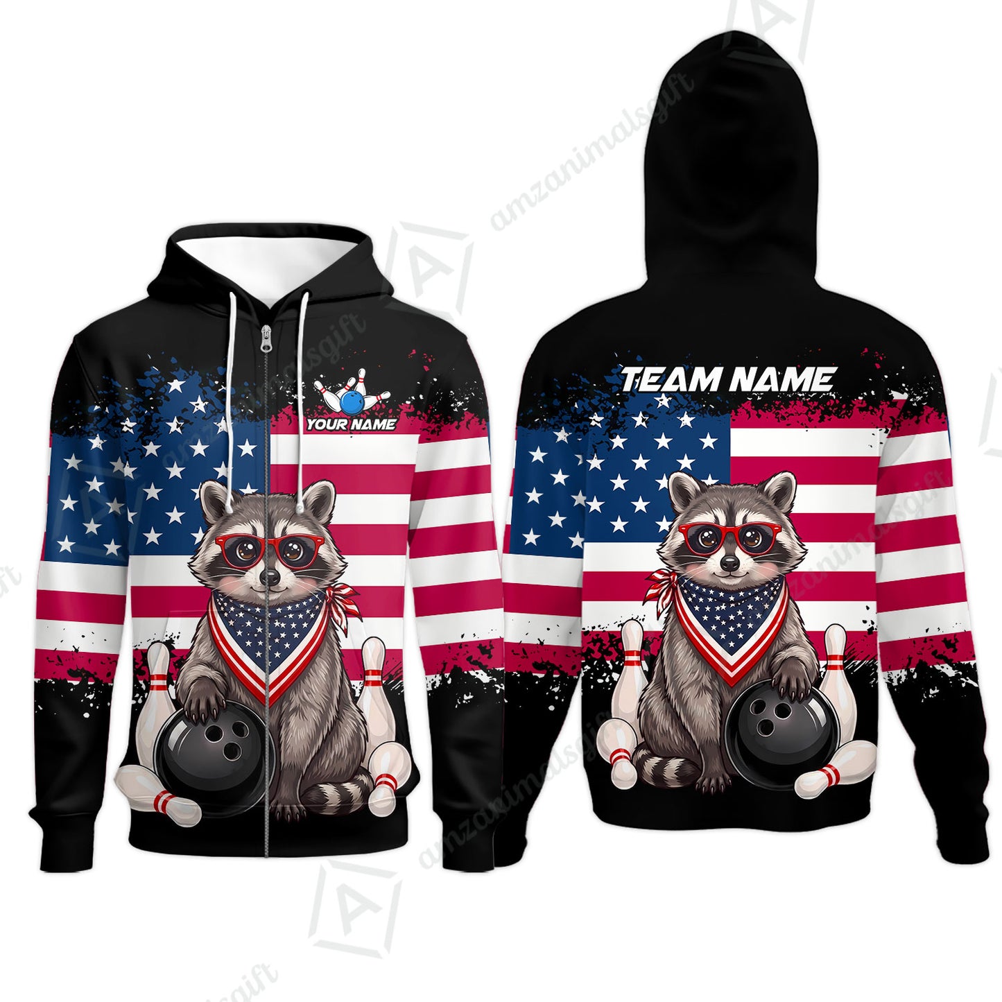 Custom Bowling Jersey Polo Shirt, Animal With Glasses And Bandana America Flag, Personalize Name & Team Name