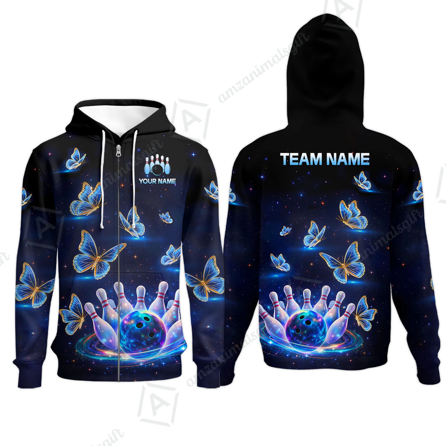 Custom Bowling Jersey Polo Shirt, Bowling Butterfly Galaxy Neon Light, Personalized Name And Team Name