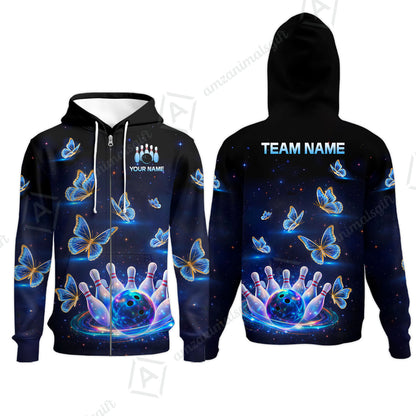 Custom Bowling Jersey Polo Shirt, Bowling Butterfly Galaxy Neon Light, Personalized Name And Team Name