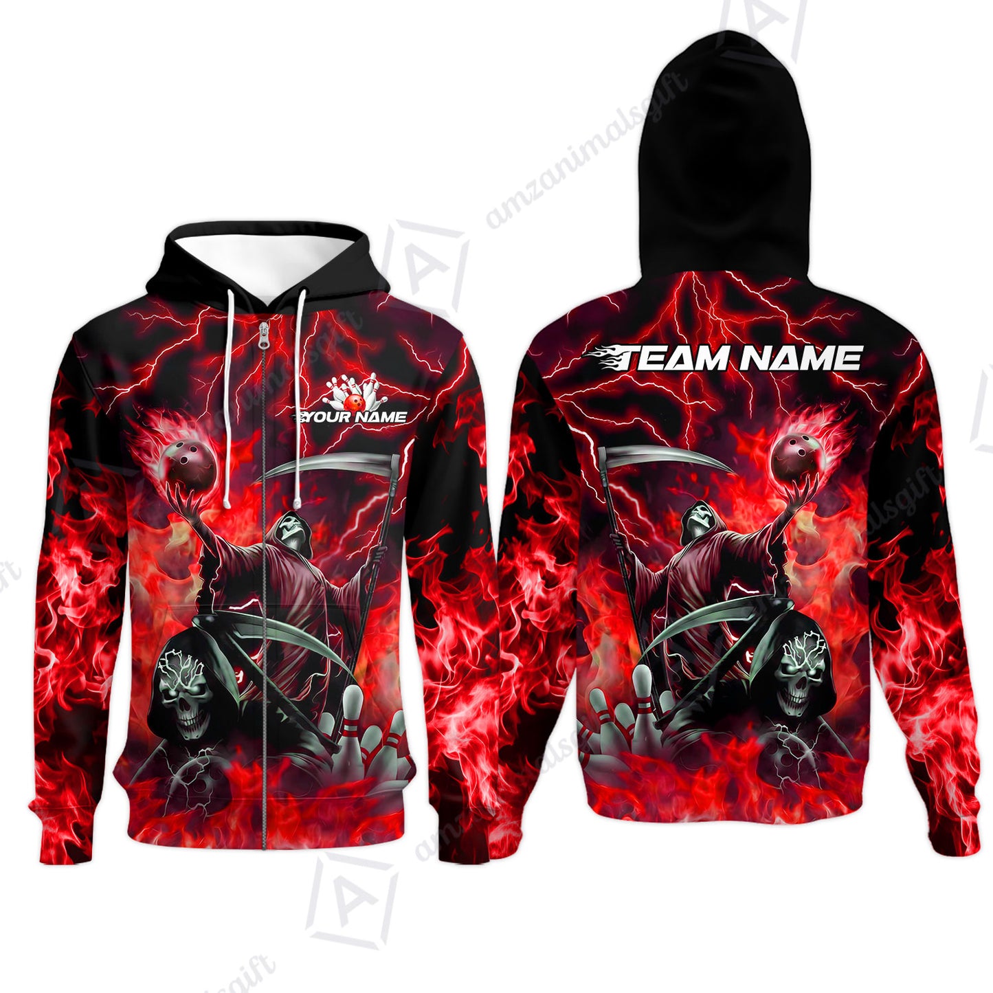 Custom Bowling Team Quarter-Zip Polo Shirt, Grim Reaper Skull With Flame Bowling Lightning Design for Bowlers, Personalized Shirt with Name and Team Name