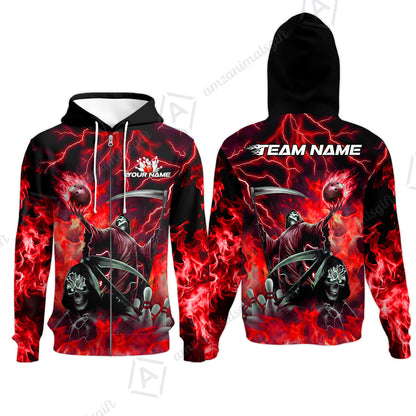 Custom Bowling Team Quarter-Zip Polo Shirt, Grim Reaper Skull With Flame Bowling Lightning Design for Bowlers, Personalized Shirt with Name and Team Name