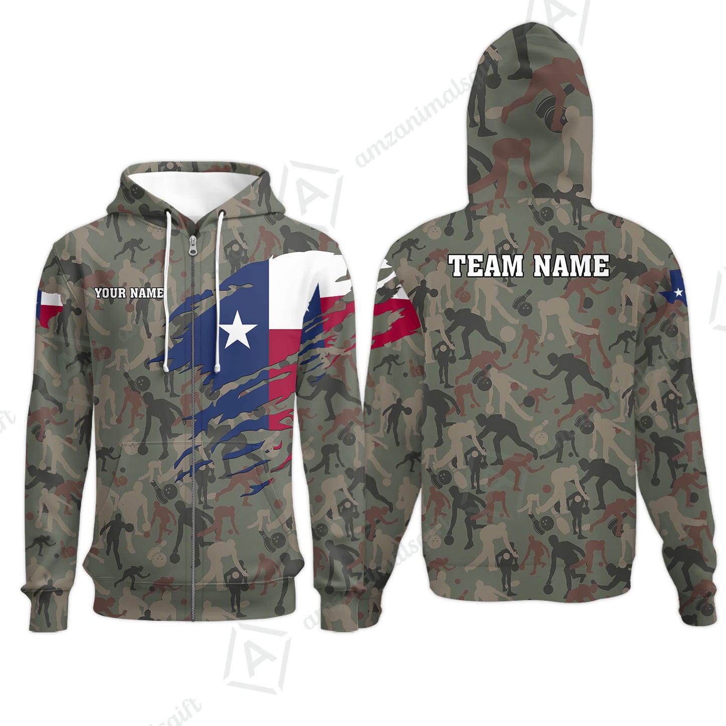 Custom Bowling Jersey Polo Shirt, Texas Flag Woodland Green Camouflage, Custom Bowling Jersey Team Shirt For Players With Name and Team Name