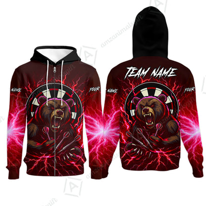 Custom Darts Team Long Sleeve Polo Shirt, Personalized Bear Thunder Lightning Darts Shirt with Name & Team Name