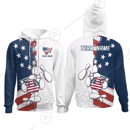 Custom Bowling Jersey Polo Shirt, USA Flag Bowling Ball Custom Bowling Jersey Team Shirt For Players With Name & Team Name