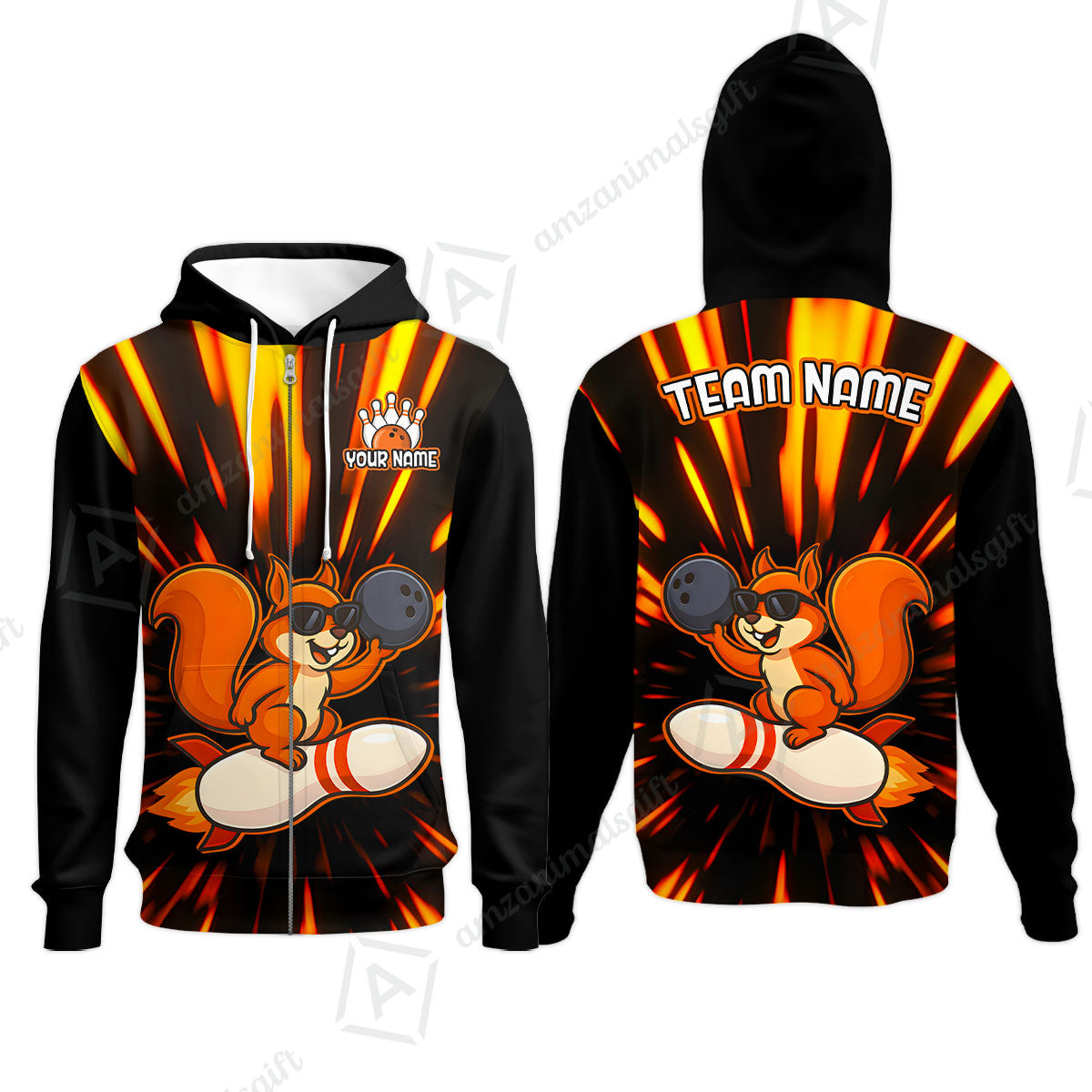 Funny Bowling Custom Polo T-Shirt - Fun Cartoon Flame With Squirrel Wearing Sunglasses, Personalized Bowling Jersey Polo Shirts