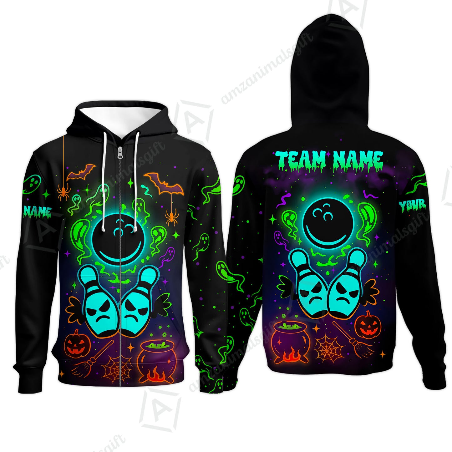 Customized Bowling Shirt, Halloween Neon Bowling, Personalized Polo Shirt For Players With Name & Team Name