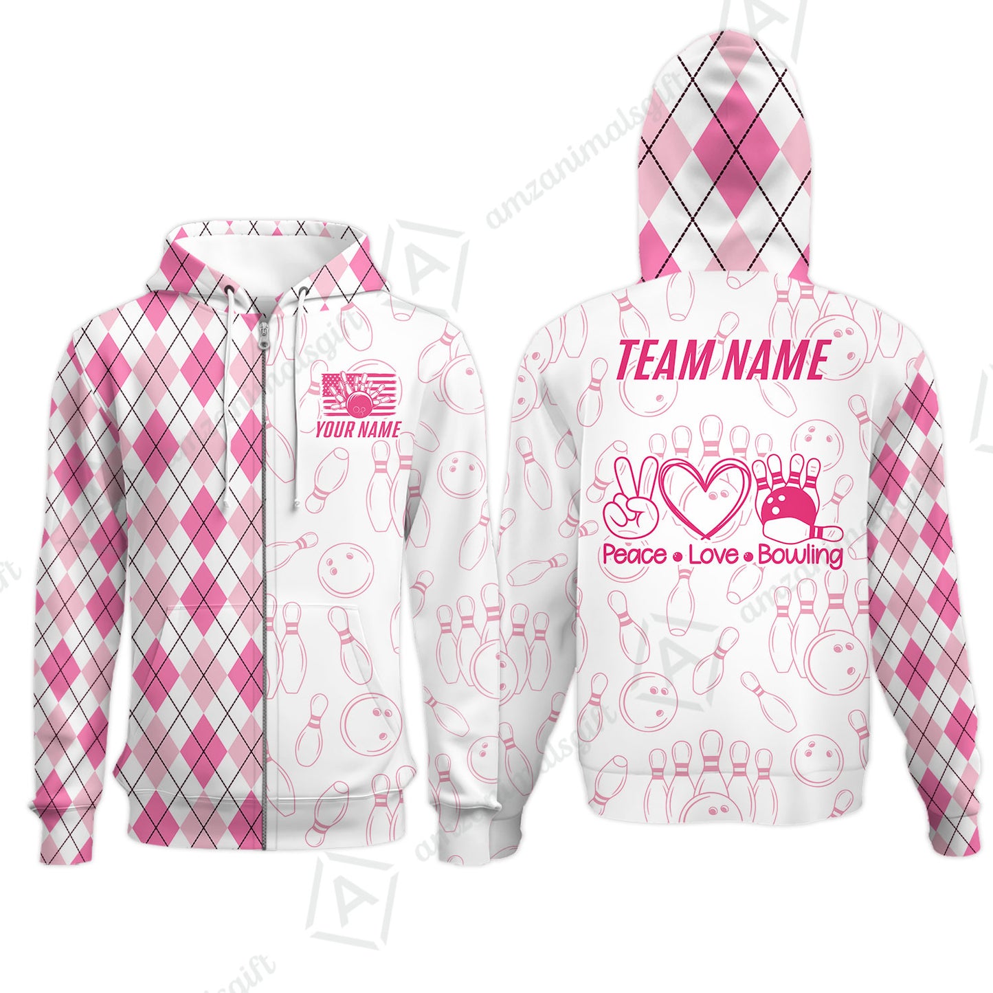 Custom Women Polo Shirt, Argyle Bowling Peace Love, Custom Bowling Women Polo Team Shirt For Players With Name & Team Name