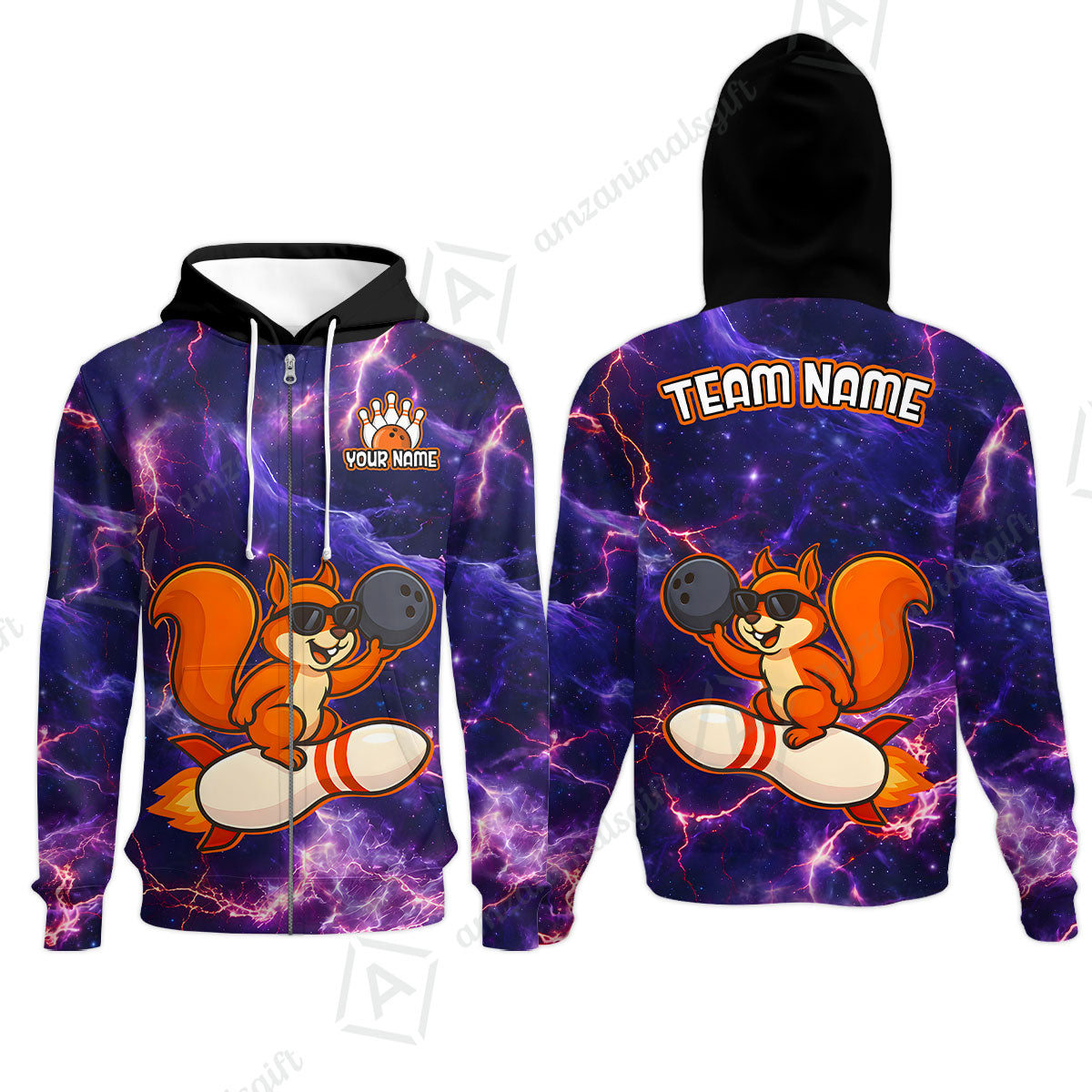 Funny Bowling Custom Polo T-Shirt - Fun Cartoon Purple Galaxy With Lightning Squirrel Wearing Sunglasses, Personalized Bowling Jersey Polo Shirts