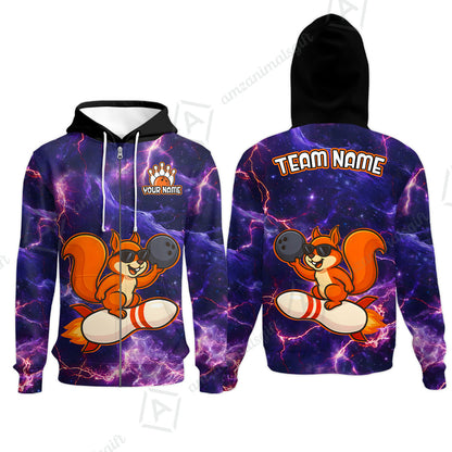 Funny Bowling Custom Polo T-Shirt - Fun Cartoon Purple Galaxy With Lightning Squirrel Wearing Sunglasses, Personalized Bowling Jersey Polo Shirts