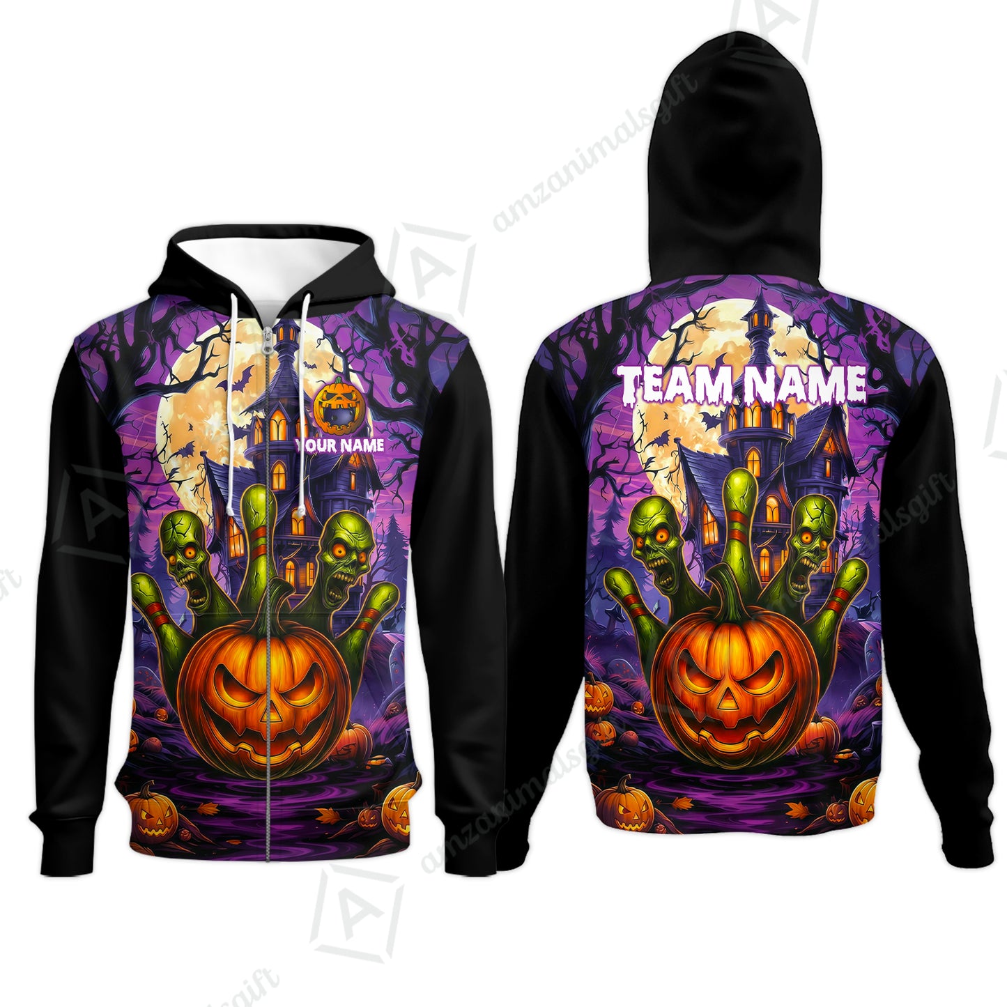 Custom Halloween Bowling Short Sleeve Men Polo Shirt, Halloween Pumpkin Zombie Pins Personalized Shirt with Name and Team Name, Custom Bowling Team Uniforms Jerseys