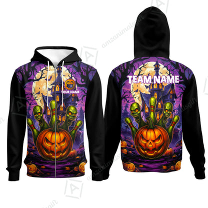 Custom Halloween Bowling Short Sleeve Men Polo Shirt, Halloween Pumpkin Zombie Pins Personalized Shirt with Name and Team Name, Custom Bowling Team Uniforms Jerseys