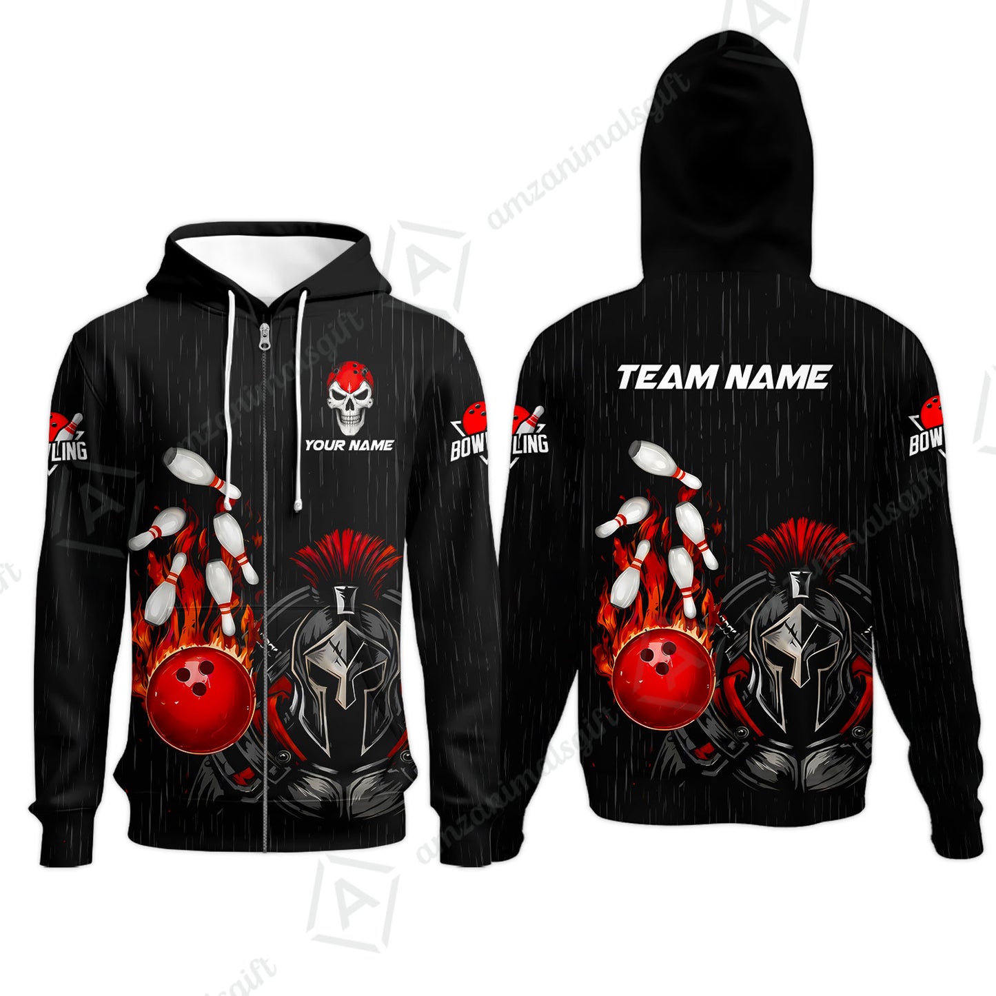 Custom Bowling Jersey Polo Shirt, Fire Bowling Knight Rain Skull Logo, Personalize Name & Team Name