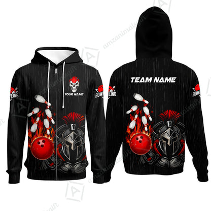 Custom Bowling Jersey Polo Shirt, Fire Bowling Knight Rain Skull Logo, Personalize Name & Team Name