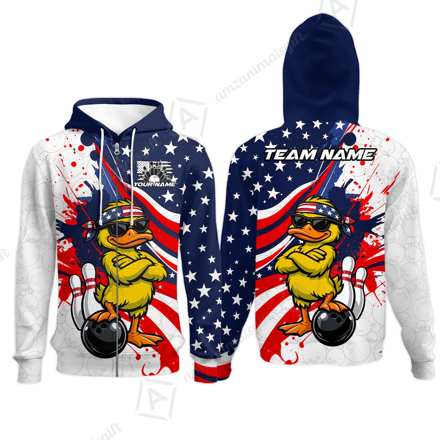 Custom Bowling Jersey Polo Shirt, Patriotic Cool Duckling Mascot, Custom Bowling Jersey Team Shirt For Players With Name and Team Name