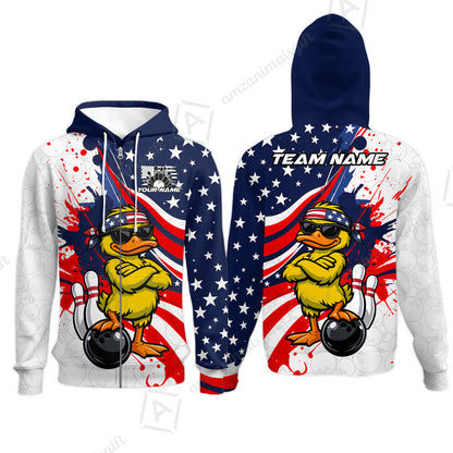 Custom Bowling Jersey Polo Shirt, Patriotic Cool Duckling Mascot, Custom Bowling Jersey Team Shirt For Players With Name and Team Name