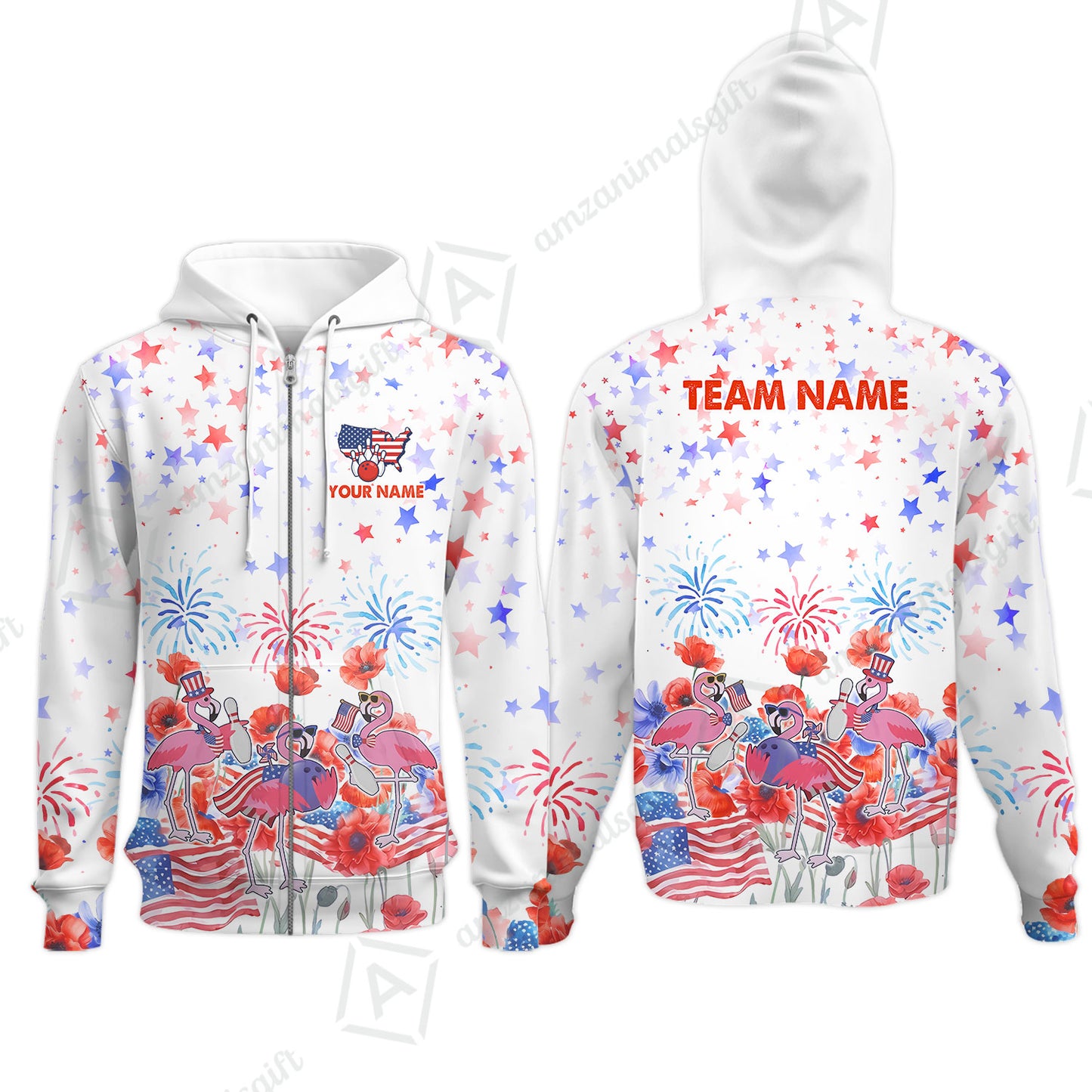 Custom Bowling Jersey Polo Shirt, 4th of July Flamingo Bowling, Custom Bowling Jersey Team Shirt For Players With Name & Team Name