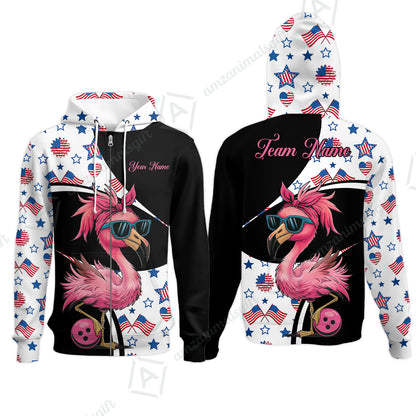 Custom Flamingo America Flag Bowling Jersey Polo Shirt, Custom Flamingo America Flag Bowling Jersey Team Shirt For Players With Name & Team Name