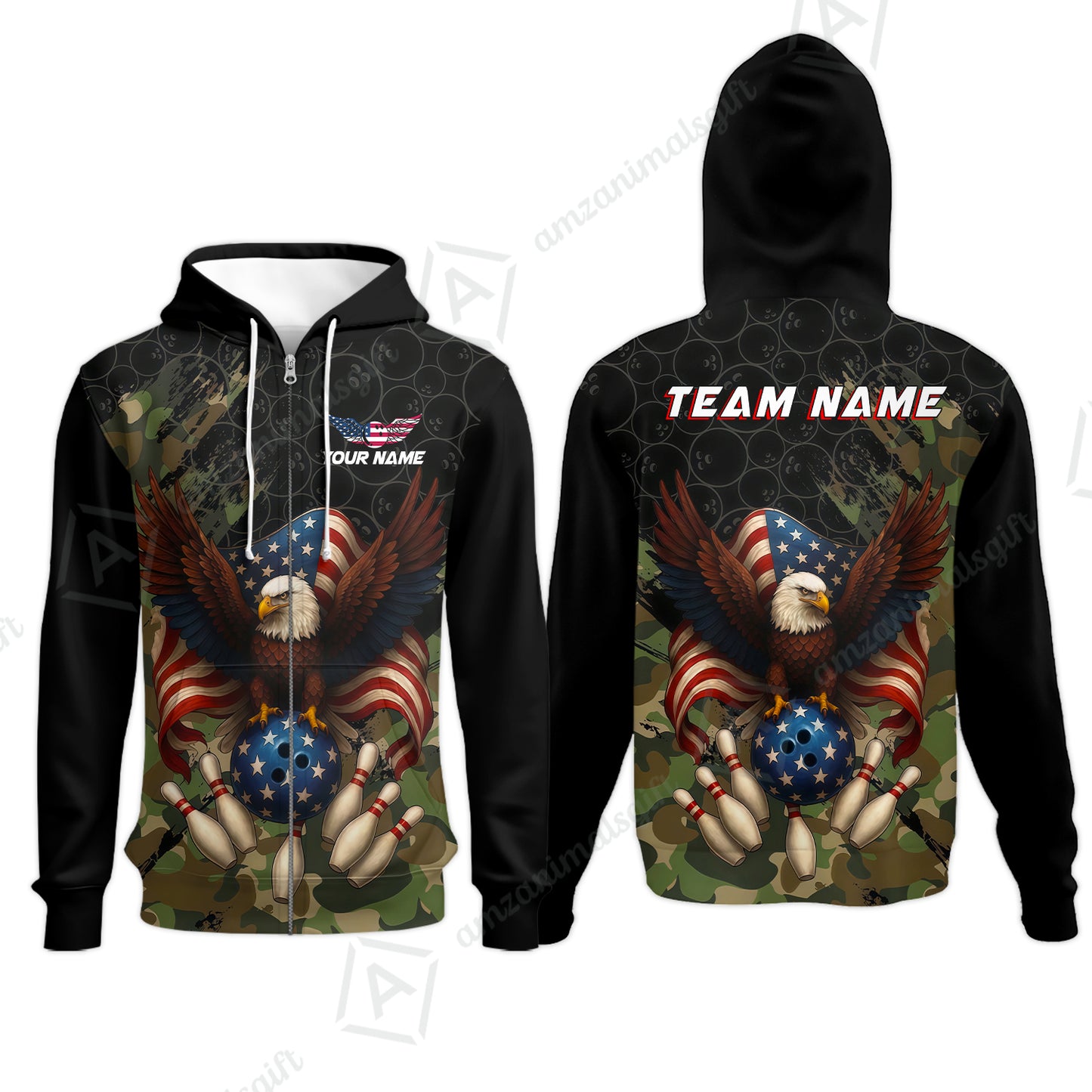 Custom Bowling Jersey Polo Shirt, Forest Camo Patriotic Bowling, Custom Bowling Jersey Team Shirt For Players With Name & Team Name